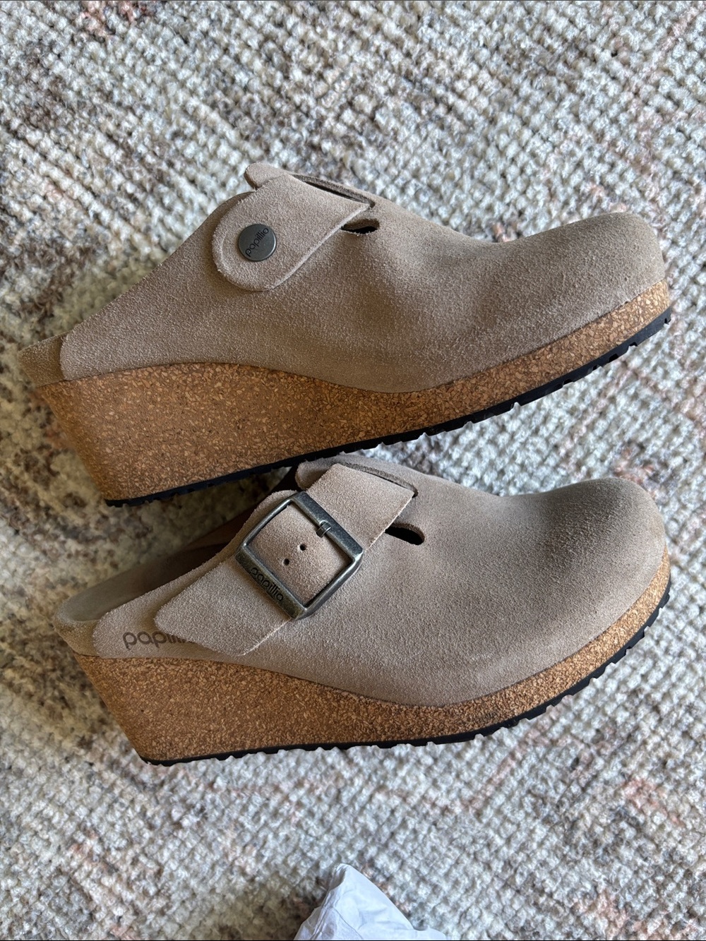 Papillio Beige Suede Wedge Clogs with Buckle